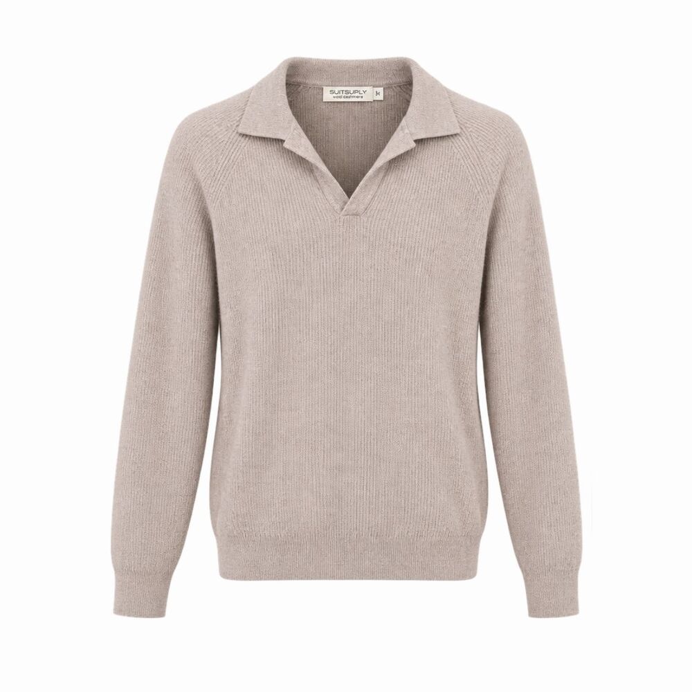 Suitsupply Mens Polo Sweater Beige Cashmere Wool Ribbed Knit Pullover Medium